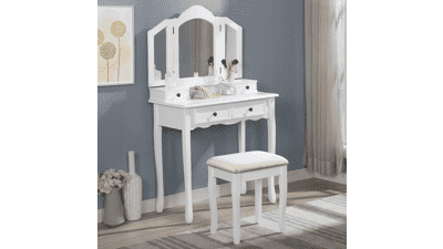 Sanlo Wooden Vanity | Make Up Table and Stool Set - White