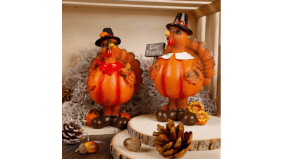 Standing Turkey Couple Thanksgiving Decorations - 2 Pack Resin Turkeys Give Thanks Autumn Fall Tabletop Decor