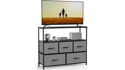 Sweetcrispy Grey Entertainment Center with 5 Fabric, Media Console Table Open Storage Shelf Dresser for Bedroom Living Room Hallway TV Stand with 5 Drawers