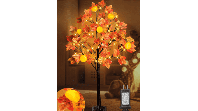 Thanksgiving 4 Feet Prelit Maple Tree Decorations - 8 Modes, 48 LEDs, 6 Pumpkin Lights, Acorns - Artificial Tree for Home Indoor and Outdoor Autumn Harvest Decoration