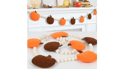 Thanksgiving Decor - Felt Pumpkin Garland and Wood Bead for Home - Indoor Pumpkin Banner for Mantle Wall Decor