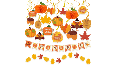 Thanksgiving Decorations - 40PCS Pre-Assembled Banner, Hanging Swirls, Fall Leaves Garland, Honeycomb Pumpkins - Home Fall Decor