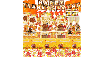 Thanksgiving Decorations Fall Theme Party Supplies - Paper Plates, Napkins, Tablecloth, Balloons, Stickers, Maple Leaves, Cupcake Toppers - Autumn Table Indoor Decor - Serves 24