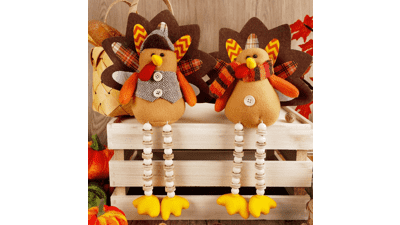 Thanksgiving Decorations Set of 2 Turkeys with Dangling Legs - Mr and Mrs Turkey Couple Plush Tabletop Centerpieces for Fall Harvest Home Kitchen Shelf