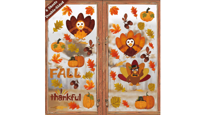 Thanksgiving Decorations Window Clings - Autumn Fall Leaves Turkey Pumpkin Decor - Indoor for Kids School Home Office Classroom Harvest Party Gifts - Double-Sided - 6 Sheets