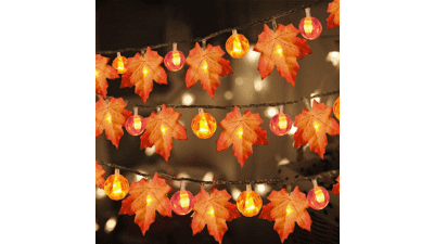 Thanksgiving Garland with Pumpkin Lights & Maple Fall String Lights - 3 Pack, 30Ft 60LED, Waterproof Battery Operated, Halloween Pumpkins Lights, Fall Decorations for Home Indoor Outdoor