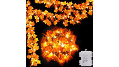 Thanksgiving Home Decor Maple Leaf Garland with Lights - 8 Lighting Modes & Timer, 40LED Battery Operated Waterproof String Lights - Fall Indoor Halloween Friendsgiving Autumn