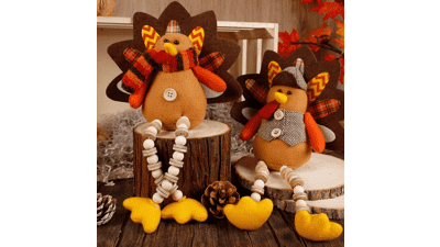 Thanksgiving Tabletop Standing Turkey Couple with Dangling Legs - 2 Pack Plush Stuffed Turkeys Shelf Sitters Figurine