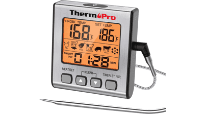 ThermoPro TP16S Digital LCD Meat Thermometer for Cooking and Grilling with Backlight and Kitchen Timer