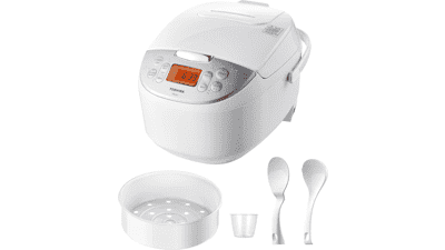 Toshiba Rice Cooker - 6 Cup Uncooked, Fuzzy Logic Technology, 7 Cooking Functions, Digital Display, Delay Timers, Auto Keep Warm, Non-Stick Inner Pot - White