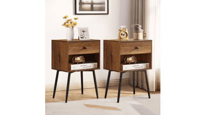 VECELO 2-Tier Modern Nightstand with Drawer and Storage Shelf, Easy Assembly, Brown