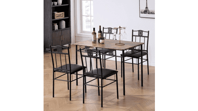 VECELO 5 Piece Metal and Wood Rectangular Breakfast Nook Dining Set