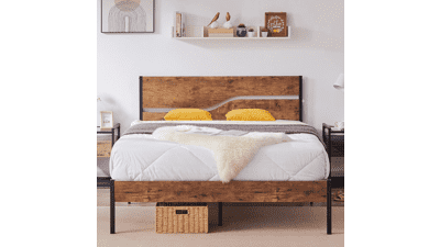 VECELO Full Size Platform Bed Frame with Rustic Vintage Wood Headboard and Strong Metal Slats