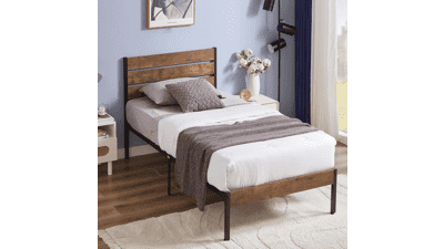 VECELO Platform Twin Bed Frame with Rustic Vintage Wood Headboard and Footboard