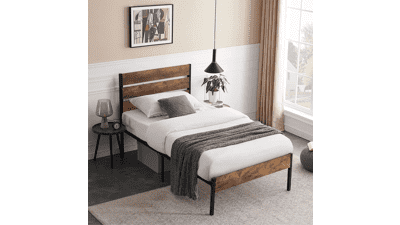 VECELO Platform Twin Bed Frame with Vintage Wood Headboard and Footboard, Mattress Foundation, Metal Slats Support