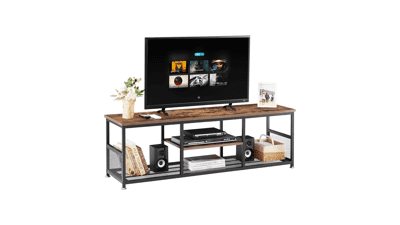 VECELO TV Stand 55 Inches Entertainment Center Media Console Open Storage, Industrial Coffee Table Metal Frame Living Room Bedroom, 47 Inch Rustic Brown+black