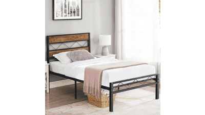 VECELO Twin Metal Platform Bed Frame with Wooden Headboard, Heavy Duty Slats Support, Mattress Base No Box Spring Needed, Easy Assembly