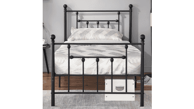 VECELO Twin Size Metal Platform Bed Frame with Headboard and Footboard, Sturdy Steel Slat Support, No Box Spring Needed, Easy Assembly, Victorian Style - Matte Black