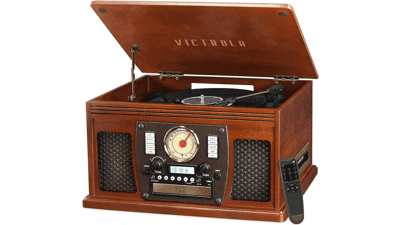 Victrola 8-in-1 Bluetooth Record Player & Multimedia Center with Built-in Stereo Speakers - Turntable, Wireless Music Streaming - Real Wood, Mahogany