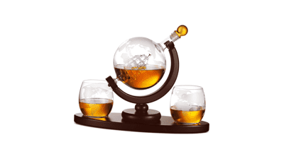 Whiskey Decanter Globe Set with 2 Etched Glasses - Liquor Scotch Bourbon Vodka - Gifts For Men