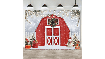 Winter Barn Photo Backdrop - Christmas Red Barn Fence Snow Scenery - Photography Background for Family - Snowflake Snowman Xmas Trees Party Decorations