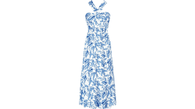 Women's Criss Cross Halter Neck Sleeveless Summer Floral Print Flowy A Line Maxi Dress