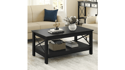 YITAHOME Modern Industrial Coffee Table with Storage, 2-Tier Thicker Legs, X-Shaped Wood Accent Cocktail Center Table, Black