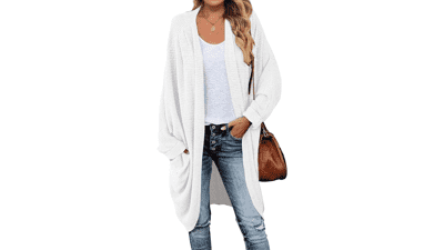 ZESICA Women's Fall Casual Waffle Knit Solid Color Batwing Sleeve Sweater Cardigan