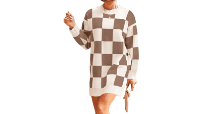 ZESICA Women's Long Sleeve Tunic Sweater Dress - Plaid Knit Oversized Pullover