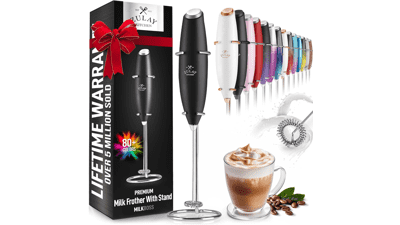 Zulay Powerful Milk Frother Handheld Foam Maker for Lattes - Whisk Drink Mixer for Coffee, Cappuccino, Frappe, Matcha, Hot Chocolate (Black)
