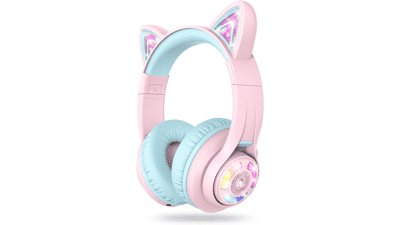 iClever Cat Ear Kids Bluetooth Headphones, LED Lights, Volume Limited, 50H Playtime, Bluetooth 5.2, AUX Cable, USB C, BTH13 Kids Headphones Wireless Over Ear, Pink