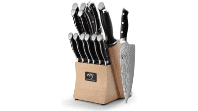 15-Piece Damascus Kitchen Knife Set with Block, Ergonomic Handle, Knife Sharpener, and Kitchen Shears