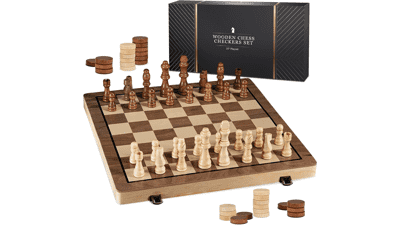 15" Wooden Chess Sets - Chess & Checkers Board Game with 2 Extra Queens