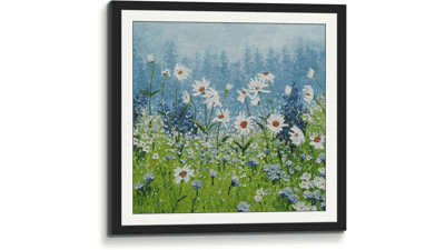 3D Print Hand Painted Canvas Painting Palette Knife Wall Art Daisies Field White Flowers Blue Green Scenery