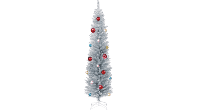 6 ft Silver Tinsel Pencil Christmas Tree with 24ct Ornament Set & Metal Stand