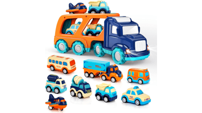 9 Pack Cars Toys for Toddlers Boys & Girls, Big Transport Truck with 8 Small Pull Back Trucks, Carrier Truck with Sound & Light