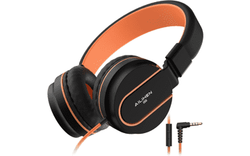 AILIHEN Kids Headphones I35 On-Ear Safe Volume 93dB HD Mic Stereo Foldable 3.5mm Wired for Chromebook Laptop Tablet - Black Orange