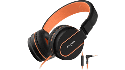 AILIHEN Kids Headphones I35 On-Ear Safe Volume 93dB HD Mic Stereo Foldable 3.5mm Wired for Chromebook Laptop Tablet - Black Orange