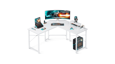 AODK 51 Inch L Shaped Gaming Desk with Monitor Stand - Home Office PC Corner Desk Table - Sturdy Writing Workstation - Carbon Fiber Surface - White