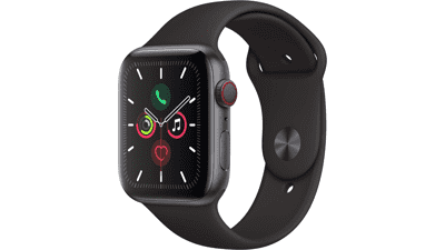 Apple Watch Series 5 GPS + Cellular 44MM Space Gray Aluminum Case with Black Sport Band Renewed