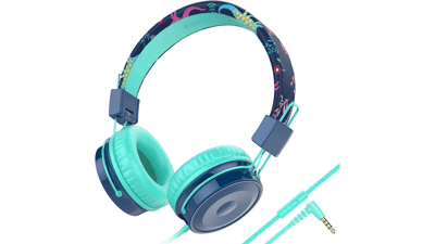 BASEMAN Kids Headphones - Wired On Ear Headset with Microphone - Blue