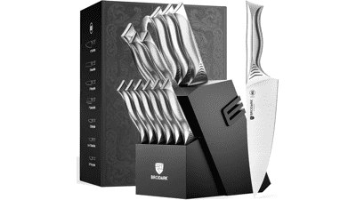 BRODARK Kitchen Knife Set with Block, 15-Piece Stainless Steel Knife Set, Built-in Sharpener, NSF Certified, Shark Series