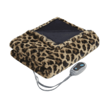 Beautyrest Long Fur Electric Throw Blanket Ogee Pattern Heated Wrap, Leopard