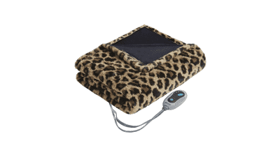 Beautyrest Long Fur Electric Throw Blanket Ogee Pattern Heated Wrap, Leopard