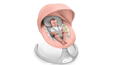 Bioby Baby Swing - Electric Portable Bouncer for Newborns to Toddlers, 5 Swing Speeds, Remote Control, Touch Screen, Bluetooth Music, Pink