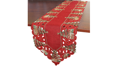Christmas Table Runner, Poinsettia Cutwork Embroidered Floral Trees Dresser Scarf for Home Dining Xmas Decoration