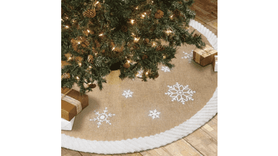 Christmas Tree Skirt 48inch, White Snowflake Fur Burlap for Xmas Decor