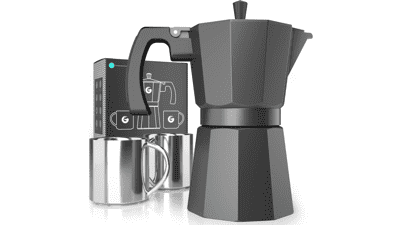 Coffee Gator Moka Pot - 6 Cup Stovetop Espresso Maker with 2 Stainless-Steel Cups - Matte Grey Aluminum
