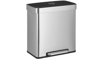 Dual Compartment Kitchen Trash Can, 16 Gallons, Pedal Recycling Bin, Stainless Steel, Silver