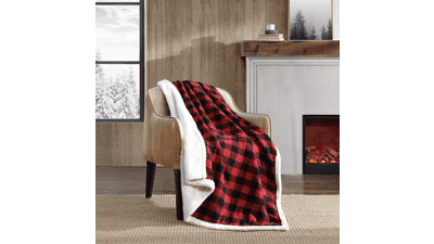 Eddie Bauer Reversible Sherpa Fleece Throw Blanket - Buffalo Plaid Home Decor (Red Check)